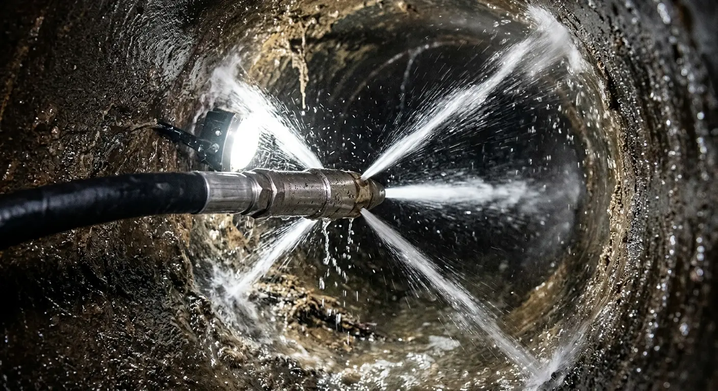 High-pressure hydro jetting nozzle cleaning sewer pipe for Emergency Drain Service in Portland