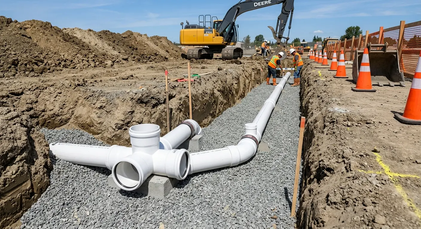 New PVC sewer pipe installation in open trench for Grease Trap Cleaning in Portland