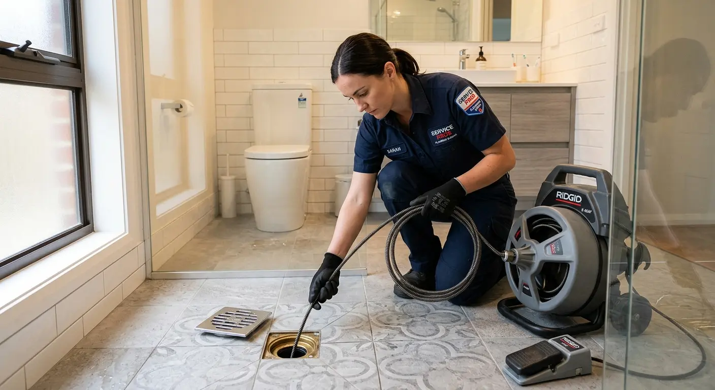 Technician clearing a bathroom floor drain for Drain Repair in Portland